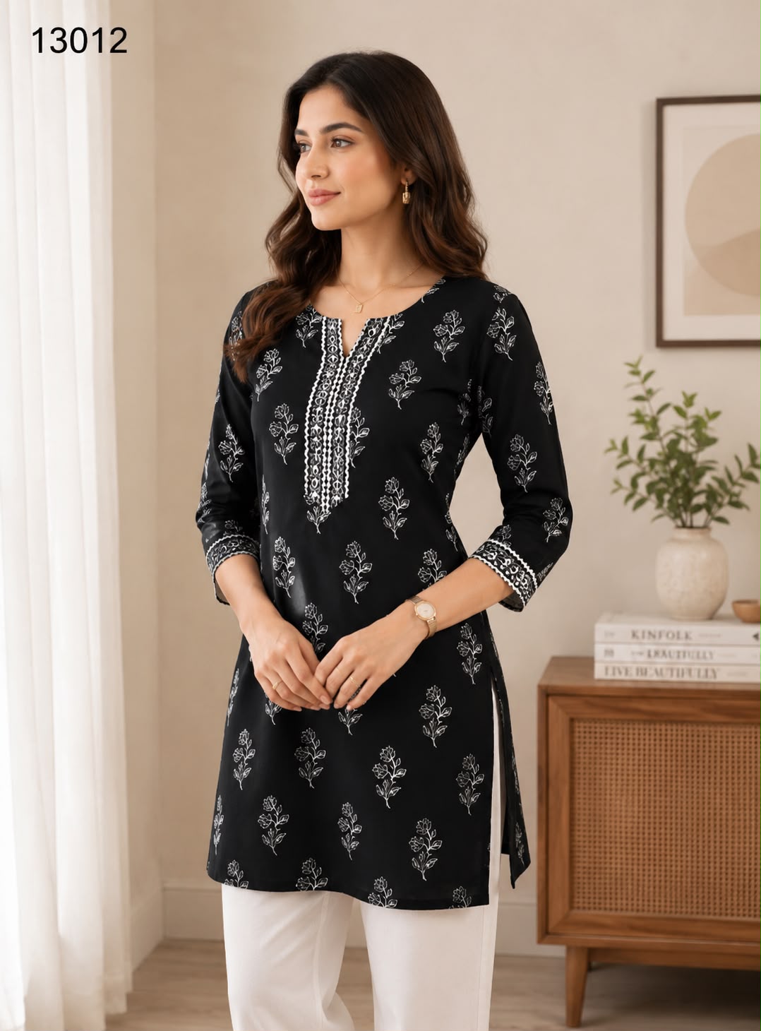 Women's Black Floral Block Print Straight Kurta with Embroidered Yoke