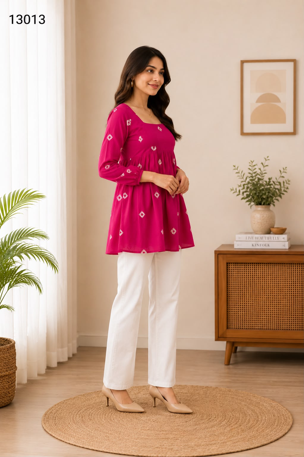 Women's Fuchsia Pink Embroidered Square Neck Peplum Top with Full Sleeves