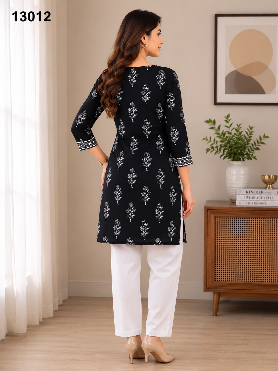 Women's Black Floral Block Print Straight Kurta with Embroidered Yoke