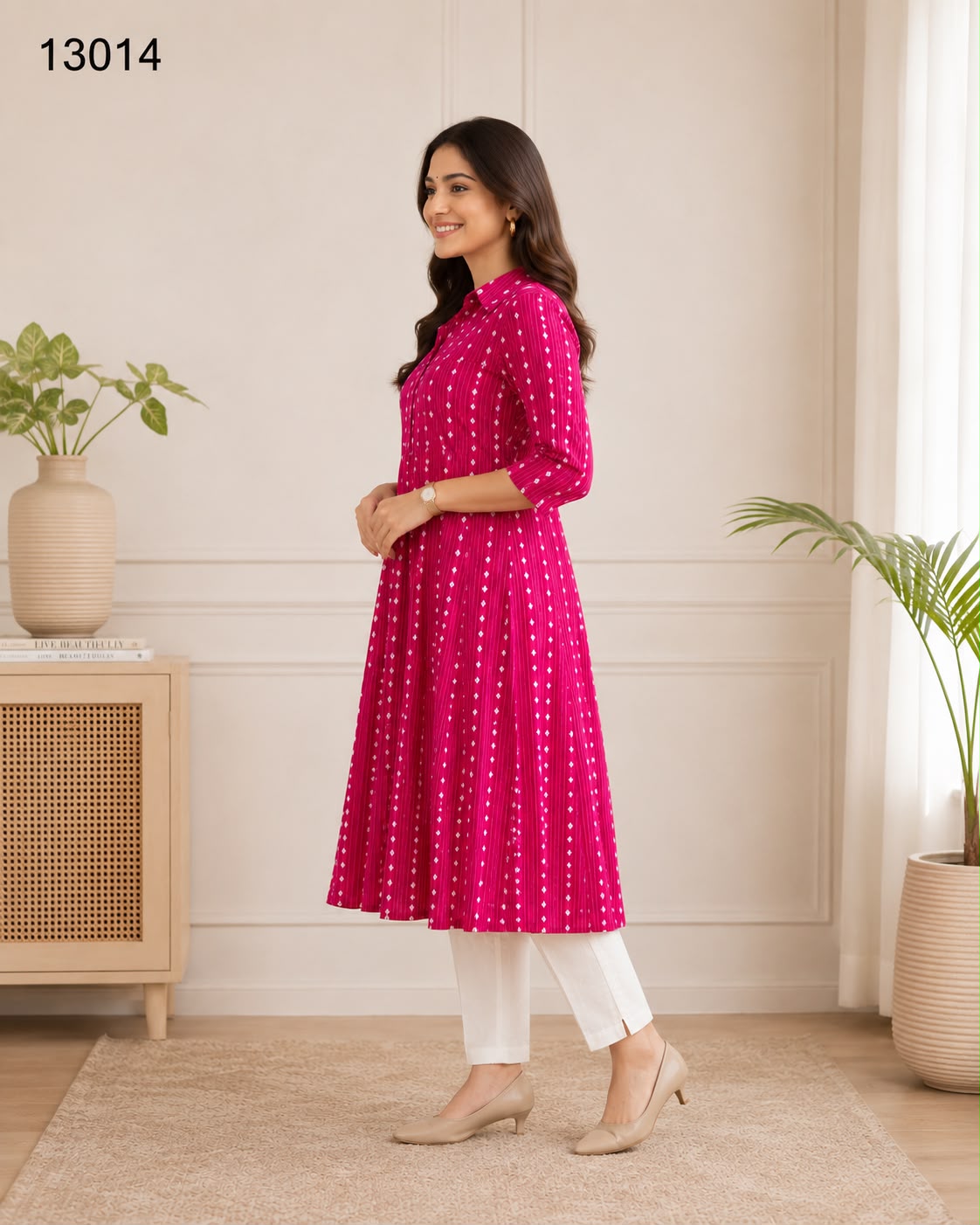 Women's Rani Pink Polka Dot Printed Shirt Collar A-Line Kurta