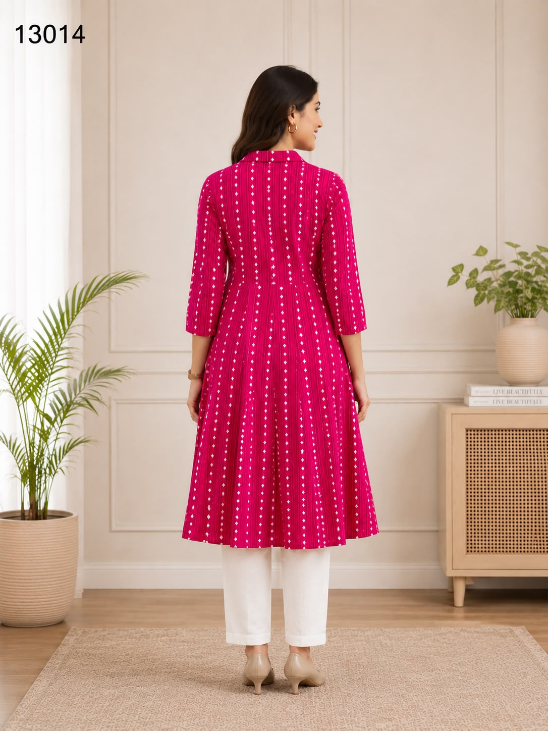 Women's Rani Pink Polka Dot Printed Shirt Collar A-Line Kurta