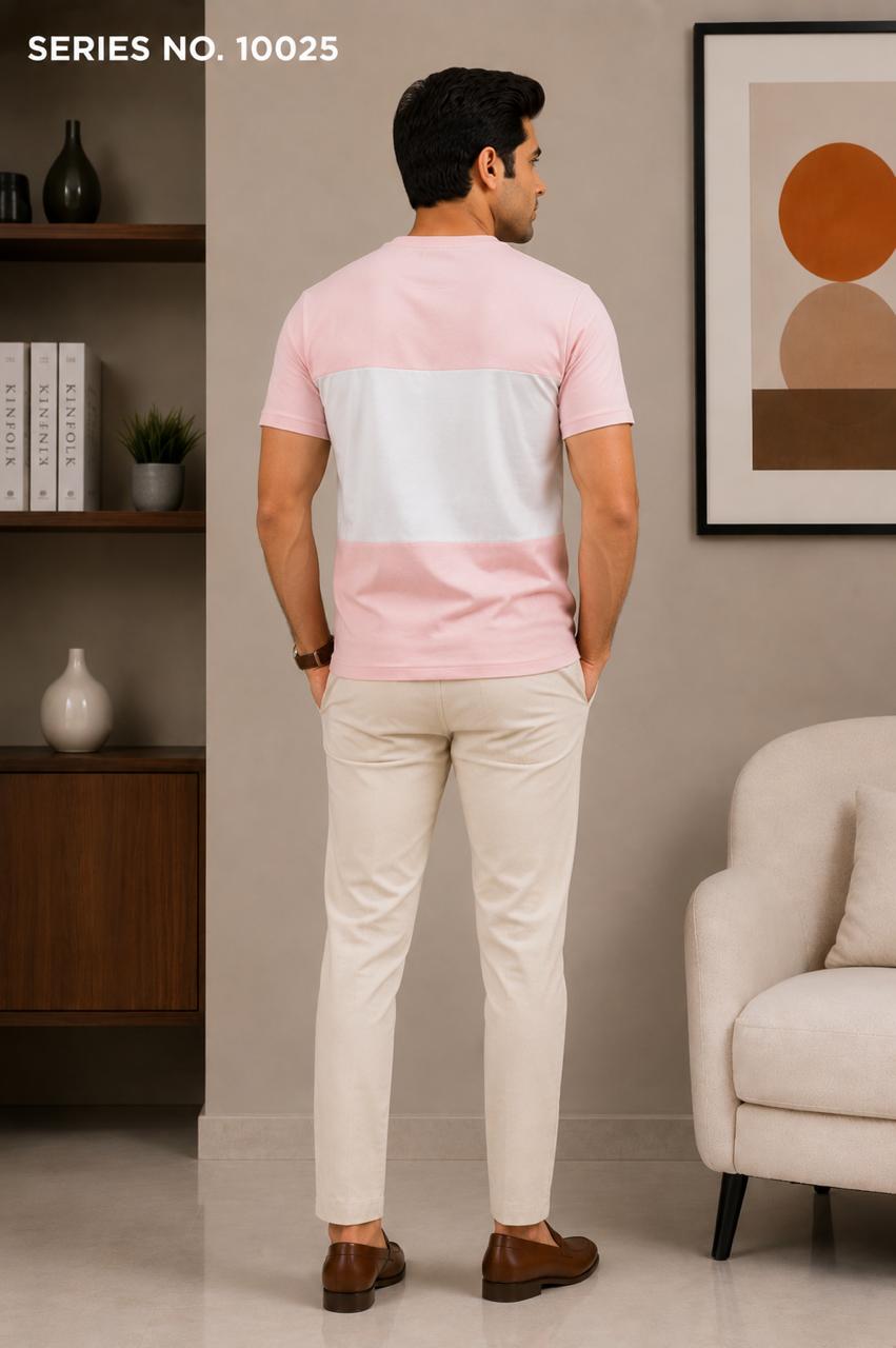 YJ FASHION Men's Regular Fit Half Sleeve Pink White Colourblock Round Neck T-Shirt