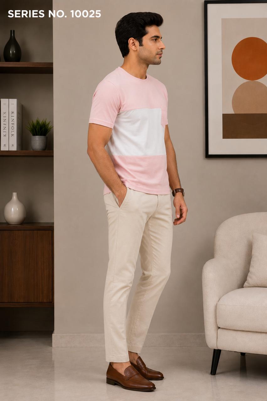 YJ FASHION Men's Regular Fit Half Sleeve Pink White Colourblock Round Neck T-Shirt