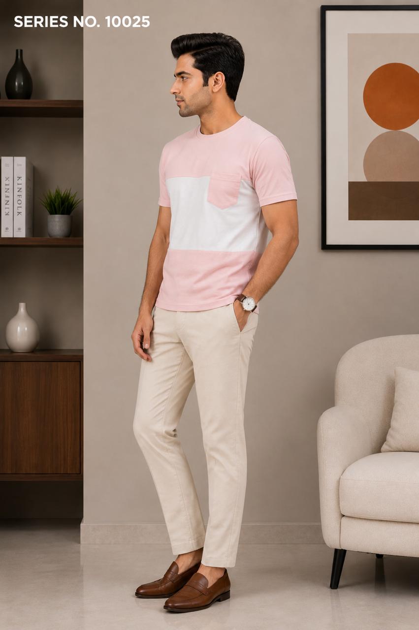 YJ FASHION Men's Regular Fit Half Sleeve Pink White Colourblock Round Neck T-Shirt