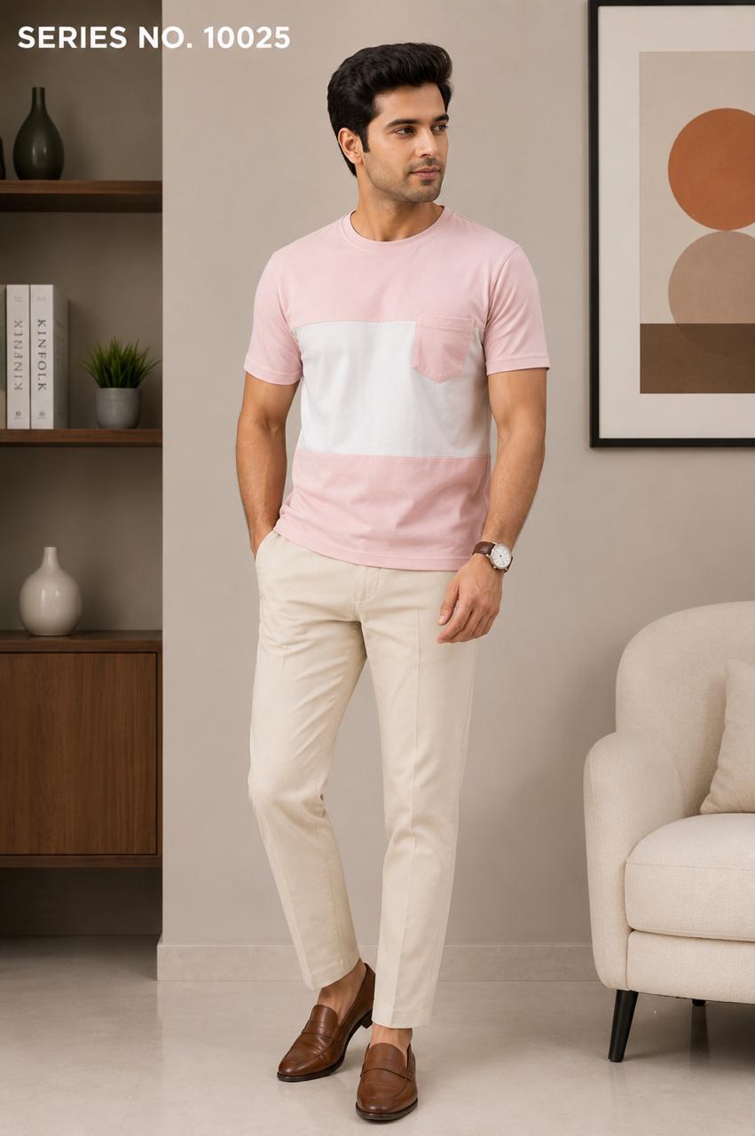 YJ FASHION Men's Regular Fit Half Sleeve Pink White Colourblock Round Neck T-Shirt