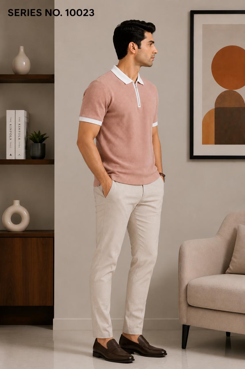YJ FASHION Men's Slim Fit Half Sleeve Dusty Pink Zipper Polo T-Shirt