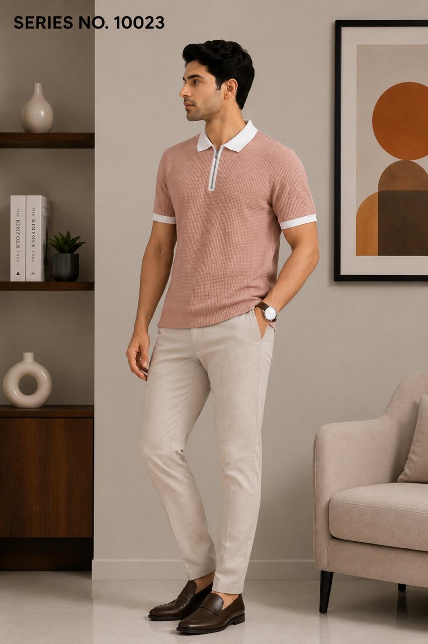 YJ FASHION Men's Slim Fit Half Sleeve Dusty Pink Zipper Polo T-Shirt
