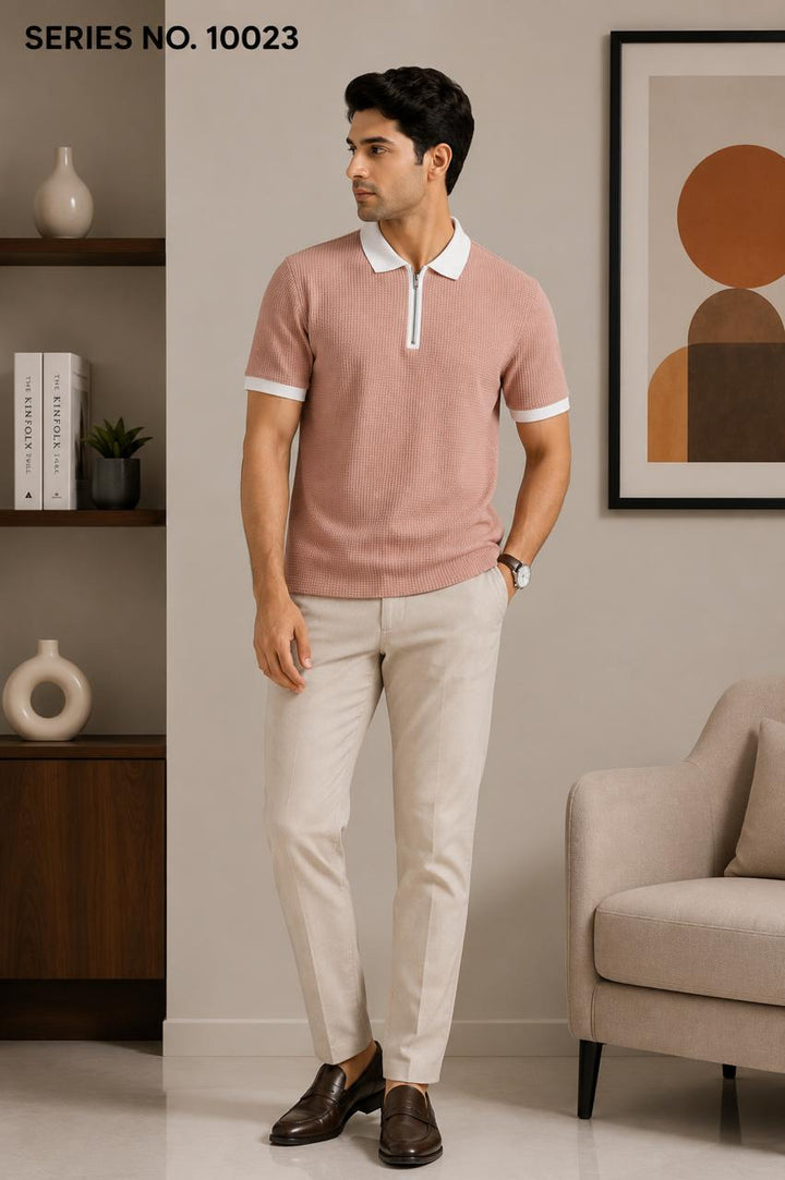 YJ FASHION Men's Slim Fit Half Sleeve Dusty Pink Zipper Polo T-Shirt