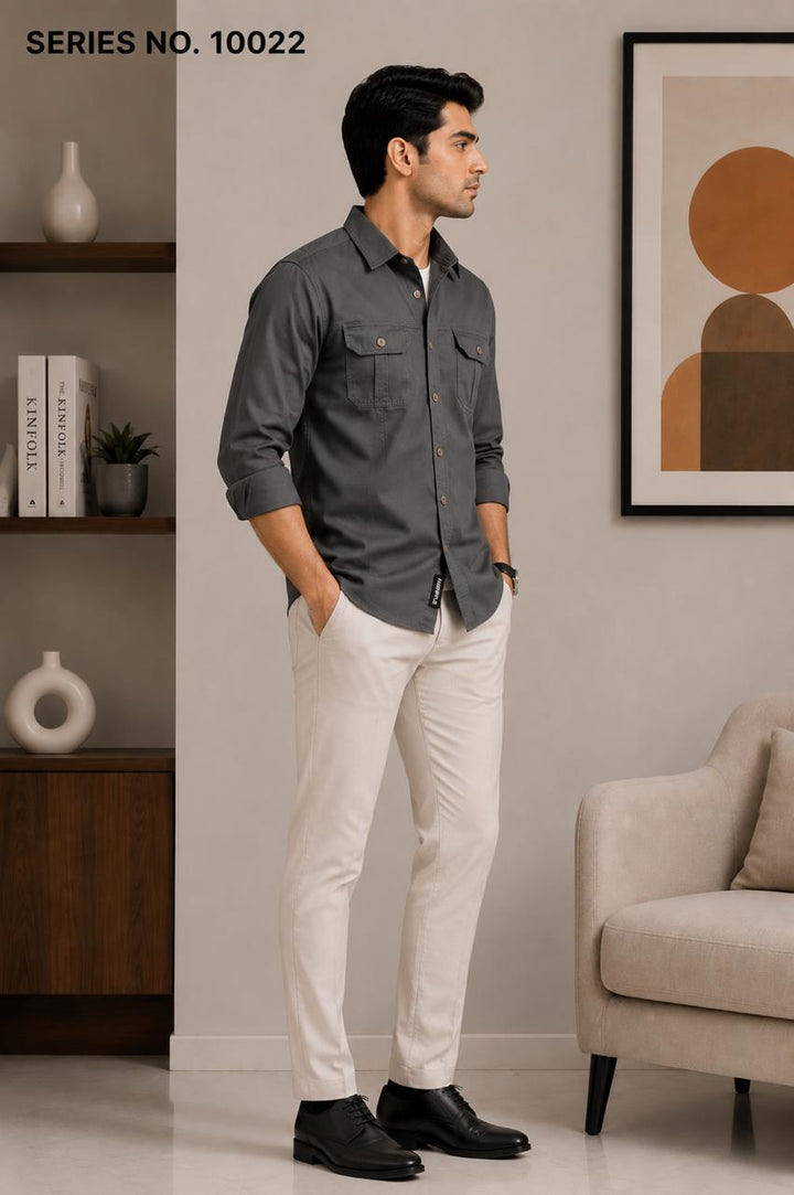 YJ FASHION Men's Regular Fit Full Sleeve Charcoal Grey Cargo Shirt