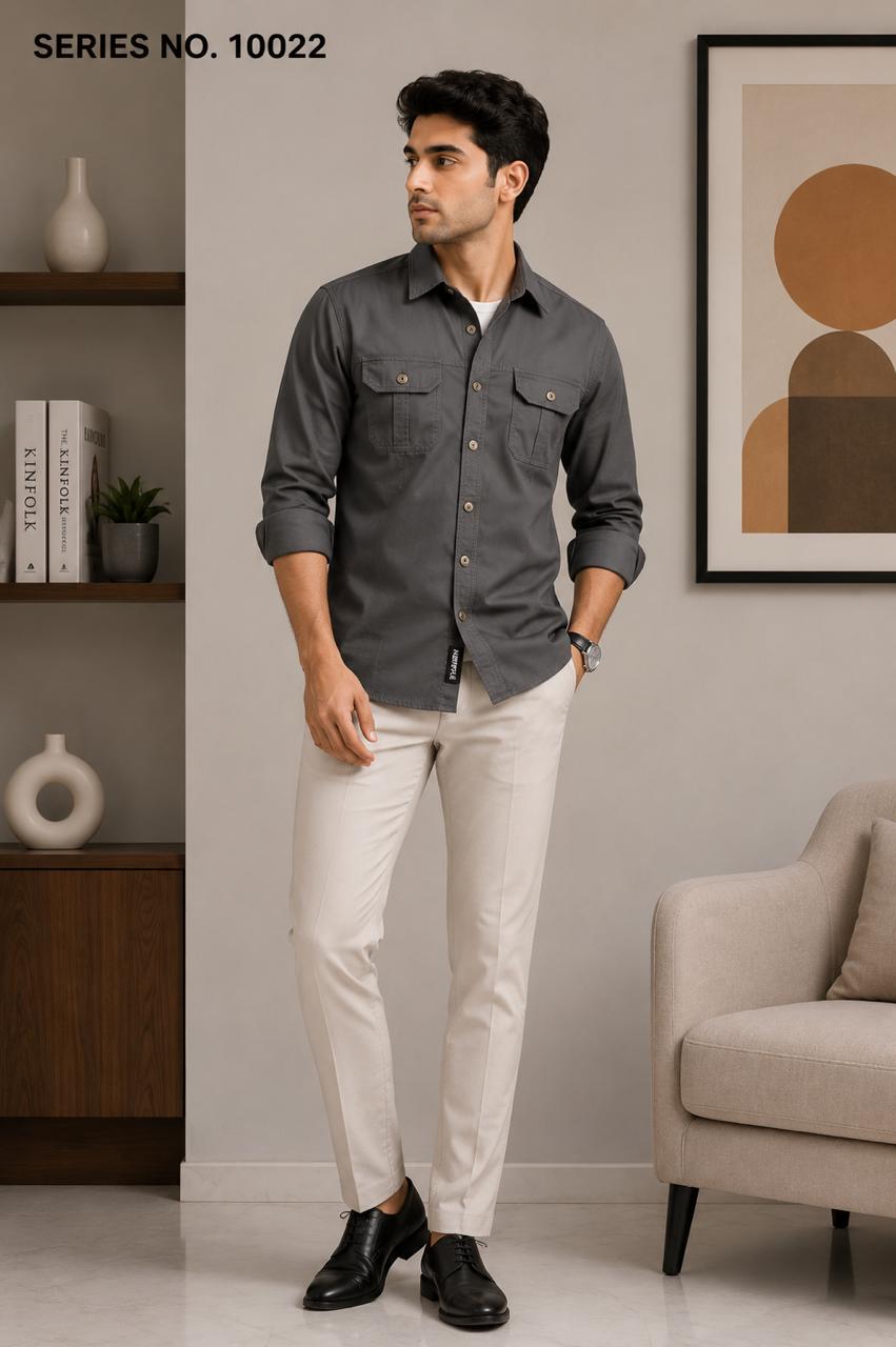 YJ FASHION Men's Regular Fit Full Sleeve Charcoal Grey Cargo Shirt