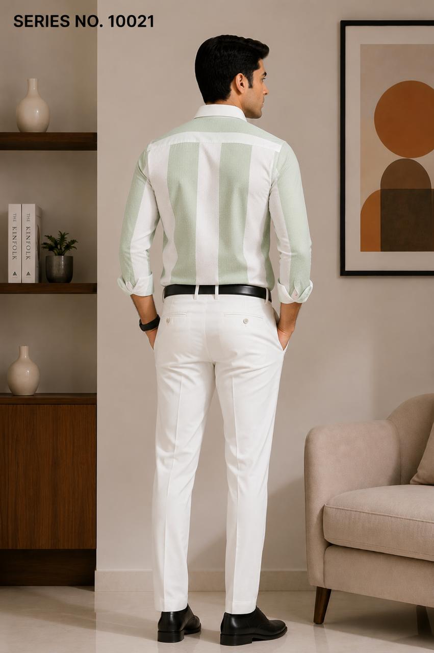 YJ FASHION Men's Slim Fit Full Sleeve White Mint Green Striped Party Shirt