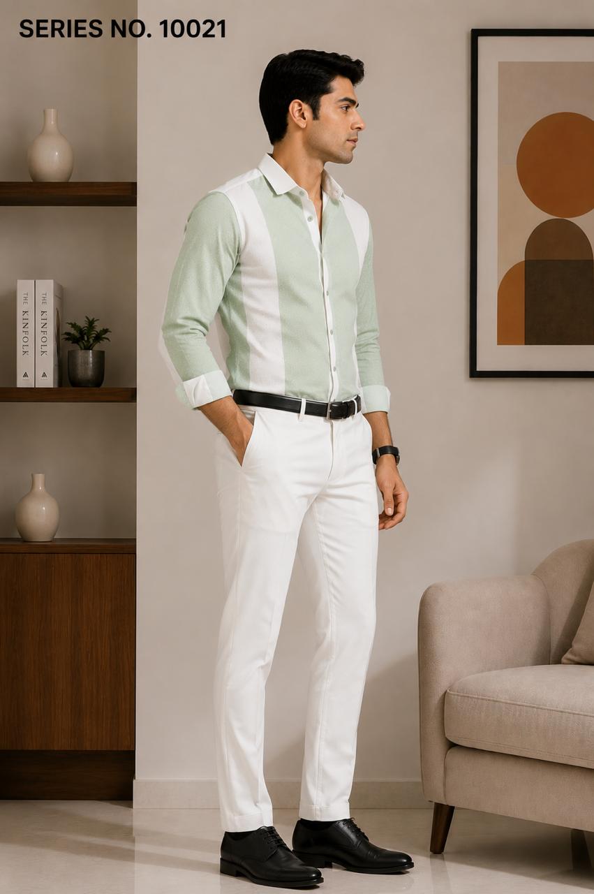 YJ FASHION Men's Slim Fit Full Sleeve White Mint Green Striped Party Shirt