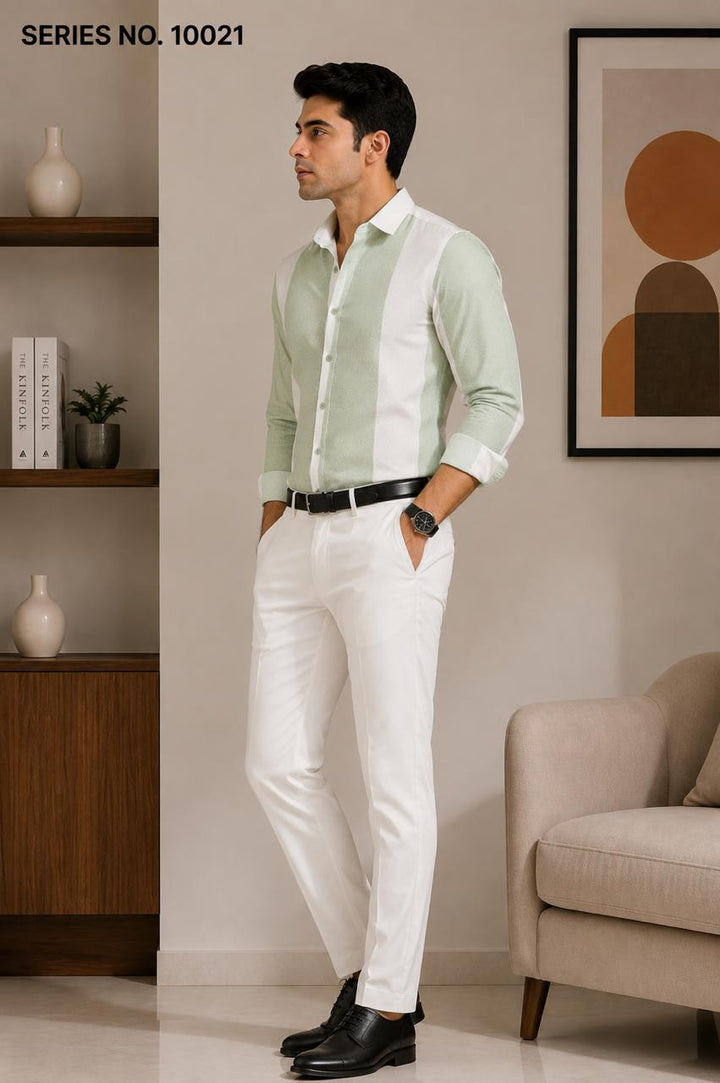 YJ FASHION Men's Slim Fit Full Sleeve White Mint Green Striped Party Shirt