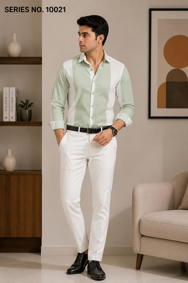 YJ FASHION Men's Slim Fit Full Sleeve White Mint Green Striped Party Shirt
