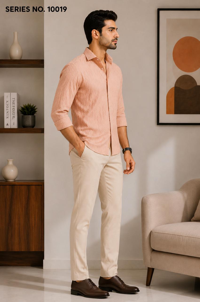 YJ FASHION Men's Slim Fit Full Sleeve Peach Textured Party Shirt