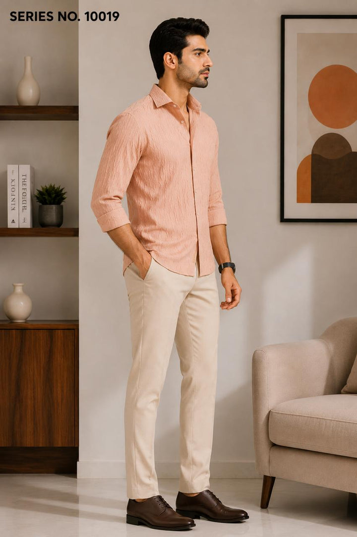 YJ FASHION Men's Slim Fit Full Sleeve Peach Textured Party Shirt