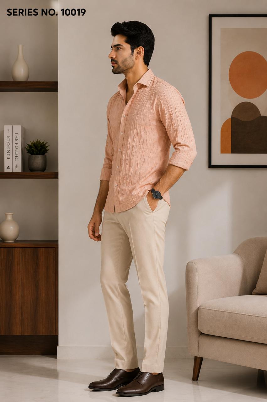 YJ FASHION Men's Slim Fit Full Sleeve Peach Textured Party Shirt