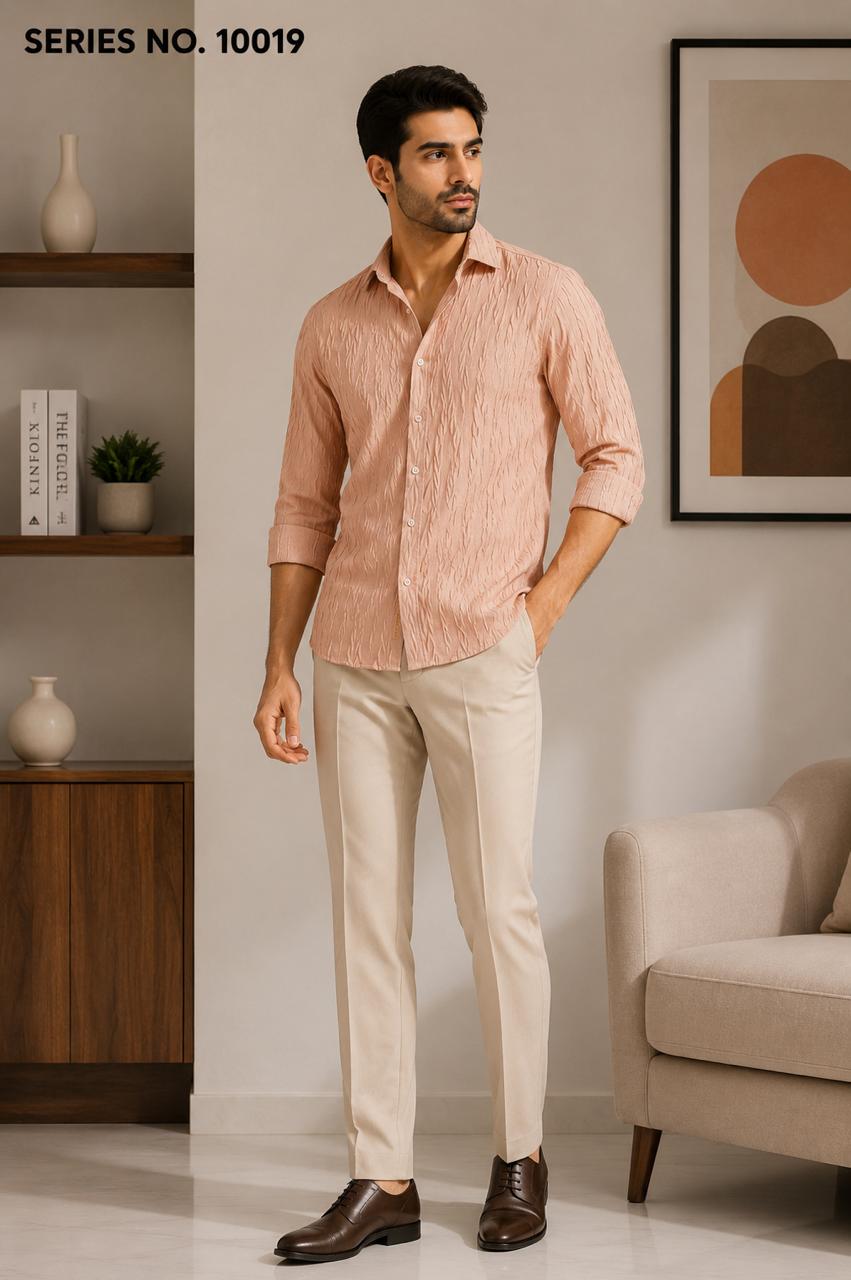 YJ FASHION Men's Slim Fit Full Sleeve Peach Textured Party Shirt