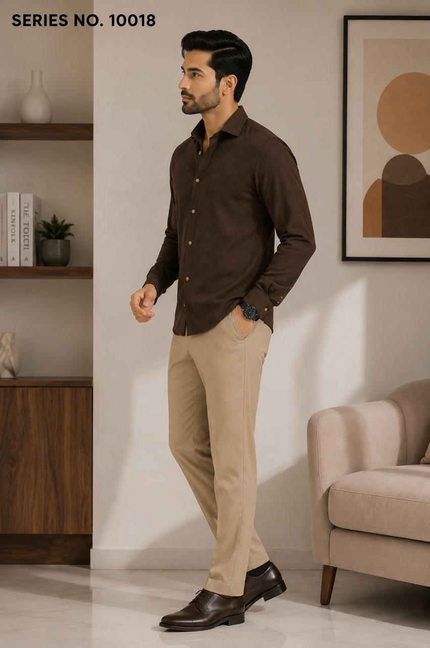 YJ FASHION Men's Regular Fit Full Sleeve Solid Dark Brown Textured Shirt