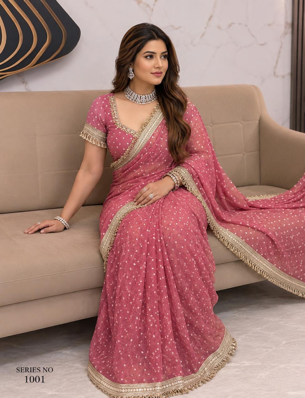 Women's Dusty Pink Georgette Saree with Gold Foil Polka Dots & Heavy Tassel Border
