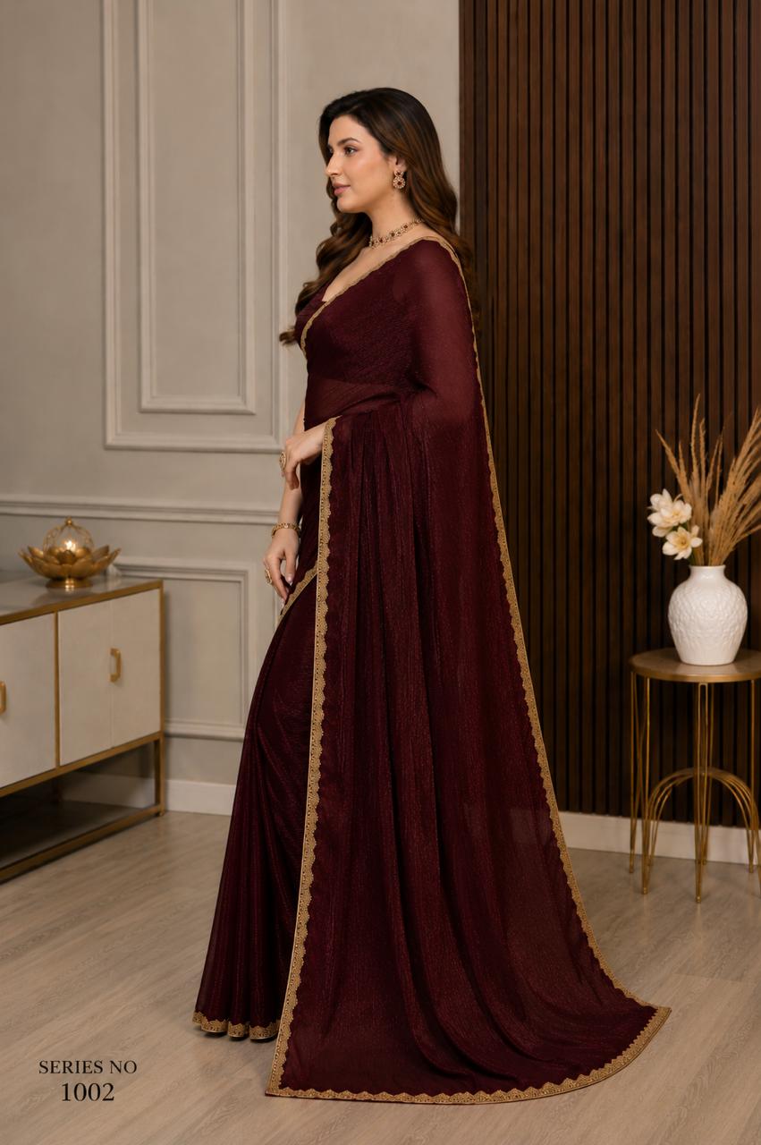 Women's Wine Maroon Shimmer Chiffon Saree with Scalloped Gold Lace Border