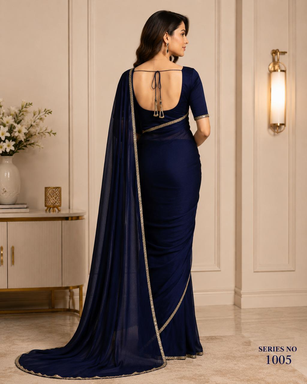Women's Royal Blue Satin Silk Saree with Silver Stonework Border