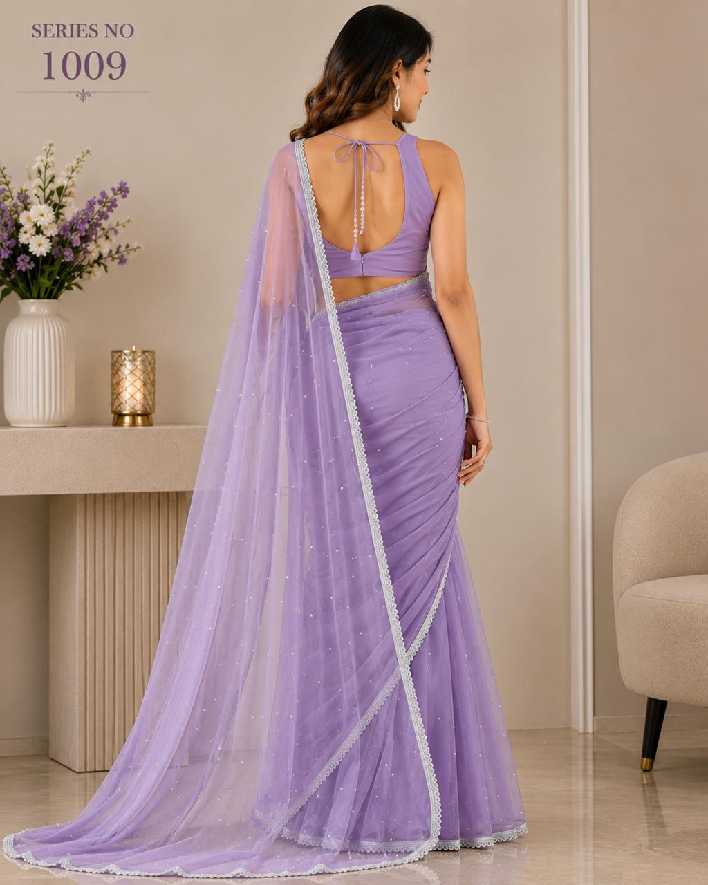 Women's Lavender Net Saree with Pearl Work & Silver Lace Border