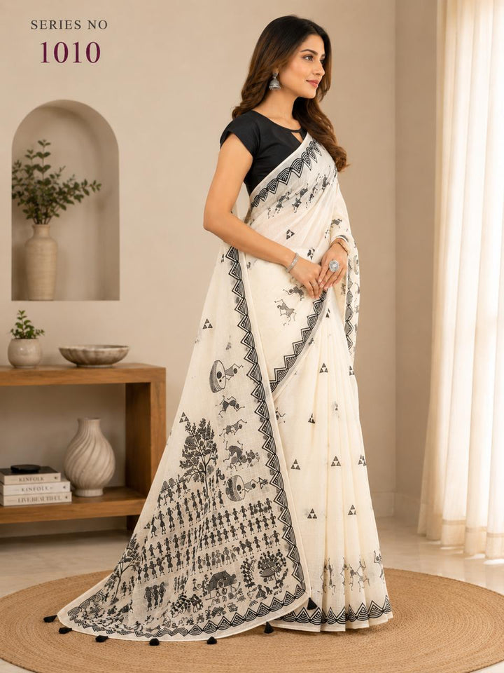 Women's Off-White Linen Saree with Black Warli Tribal Print & Tassel Pallu