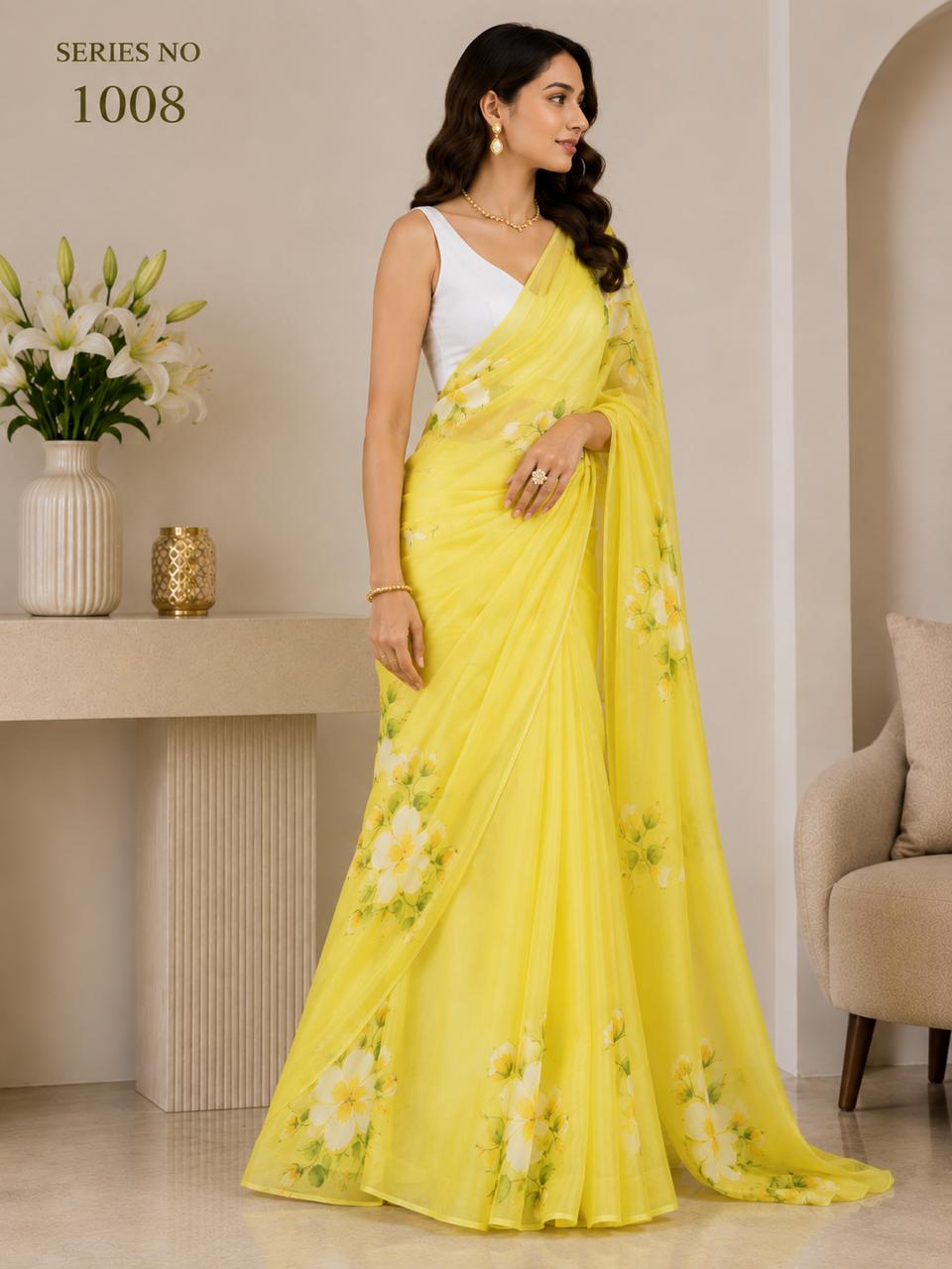 Women's Sunshine Yellow Hand-Painted Floral Organza Saree with Tassel Pallu