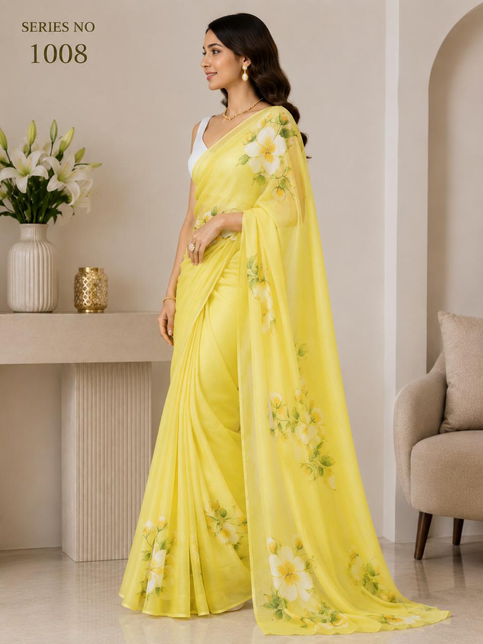 Women's Sunshine Yellow Hand-Painted Floral Organza Saree with Tassel Pallu
