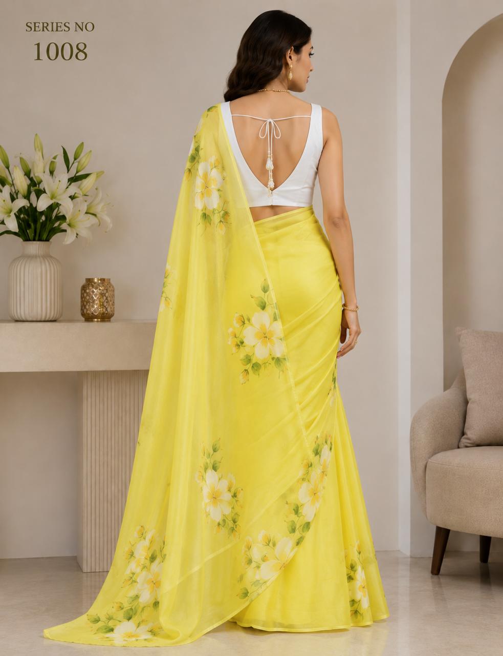 Women's Sunshine Yellow Hand-Painted Floral Organza Saree with Tassel Pallu