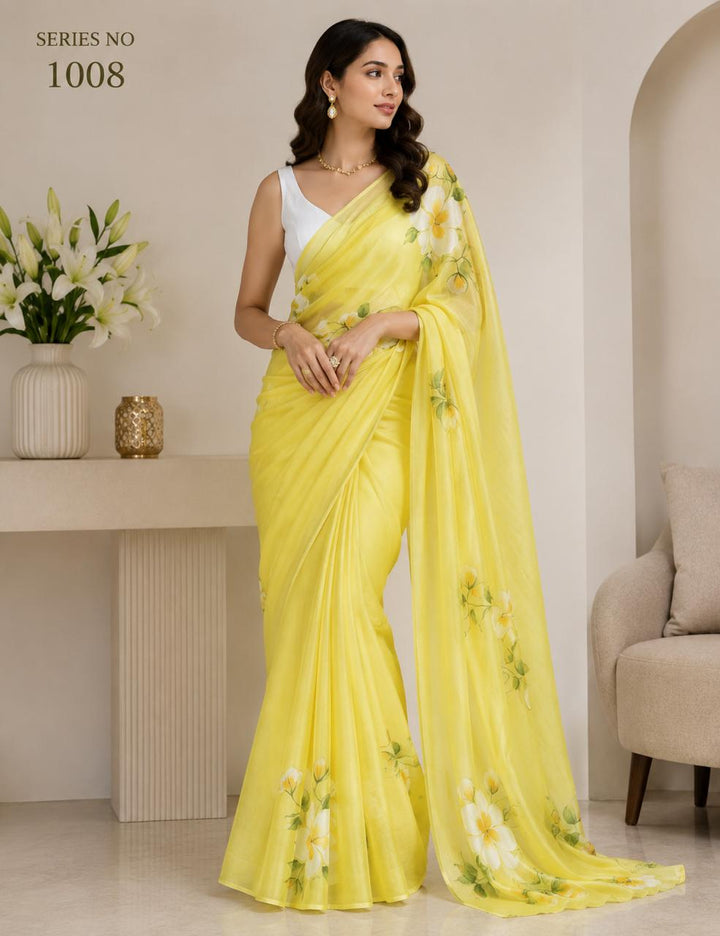 Women's Sunshine Yellow Hand-Painted Floral Organza Saree with Tassel Pallu