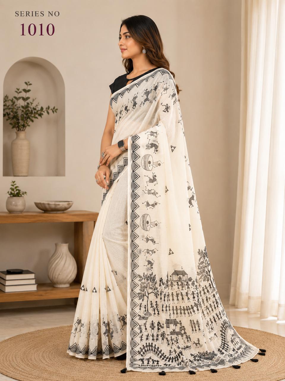 Women's Off-White Linen Saree with Black Warli Tribal Print & Tassel Pallu