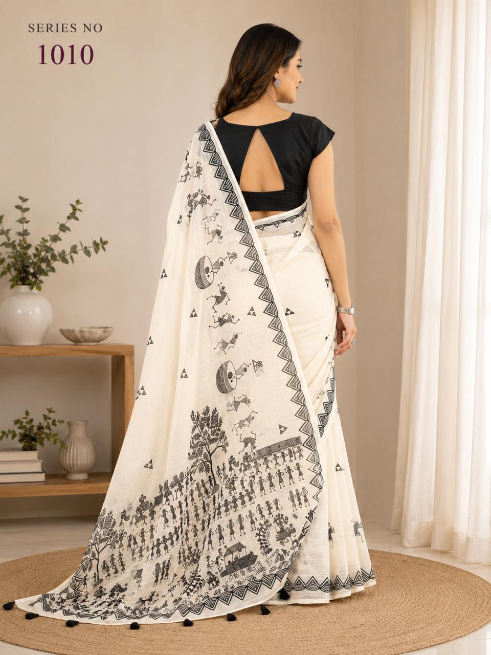 Women's Off-White Linen Saree with Black Warli Tribal Print & Tassel Pallu