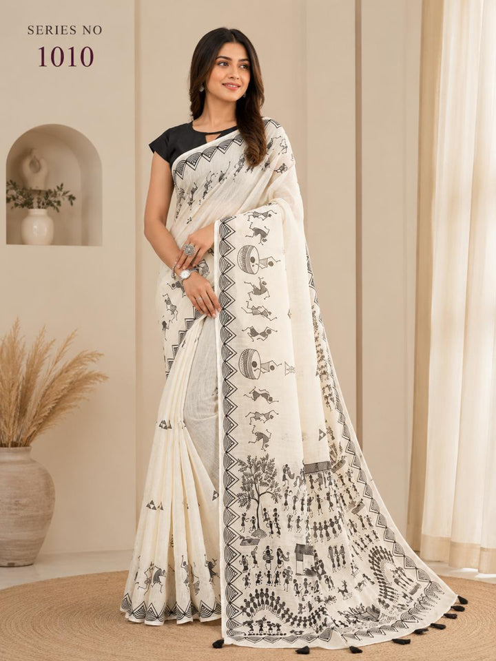 Women's Off-White Linen Saree with Black Warli Tribal Print & Tassel Pallu