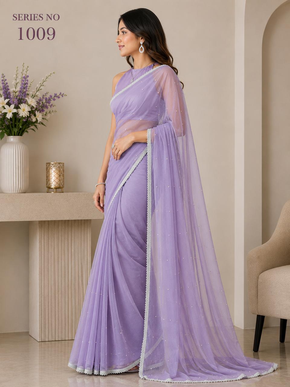 Women's Lavender Net Saree with Pearl Work & Silver Lace Border