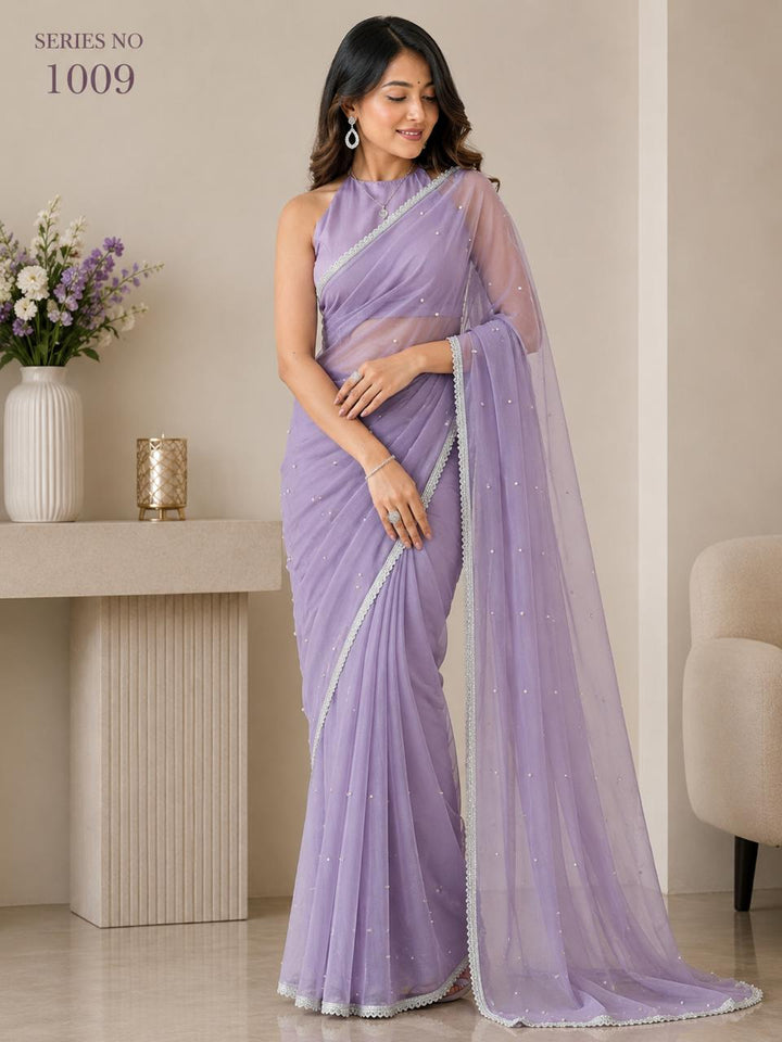 Women's Lavender Net Saree with Pearl Work & Silver Lace Border