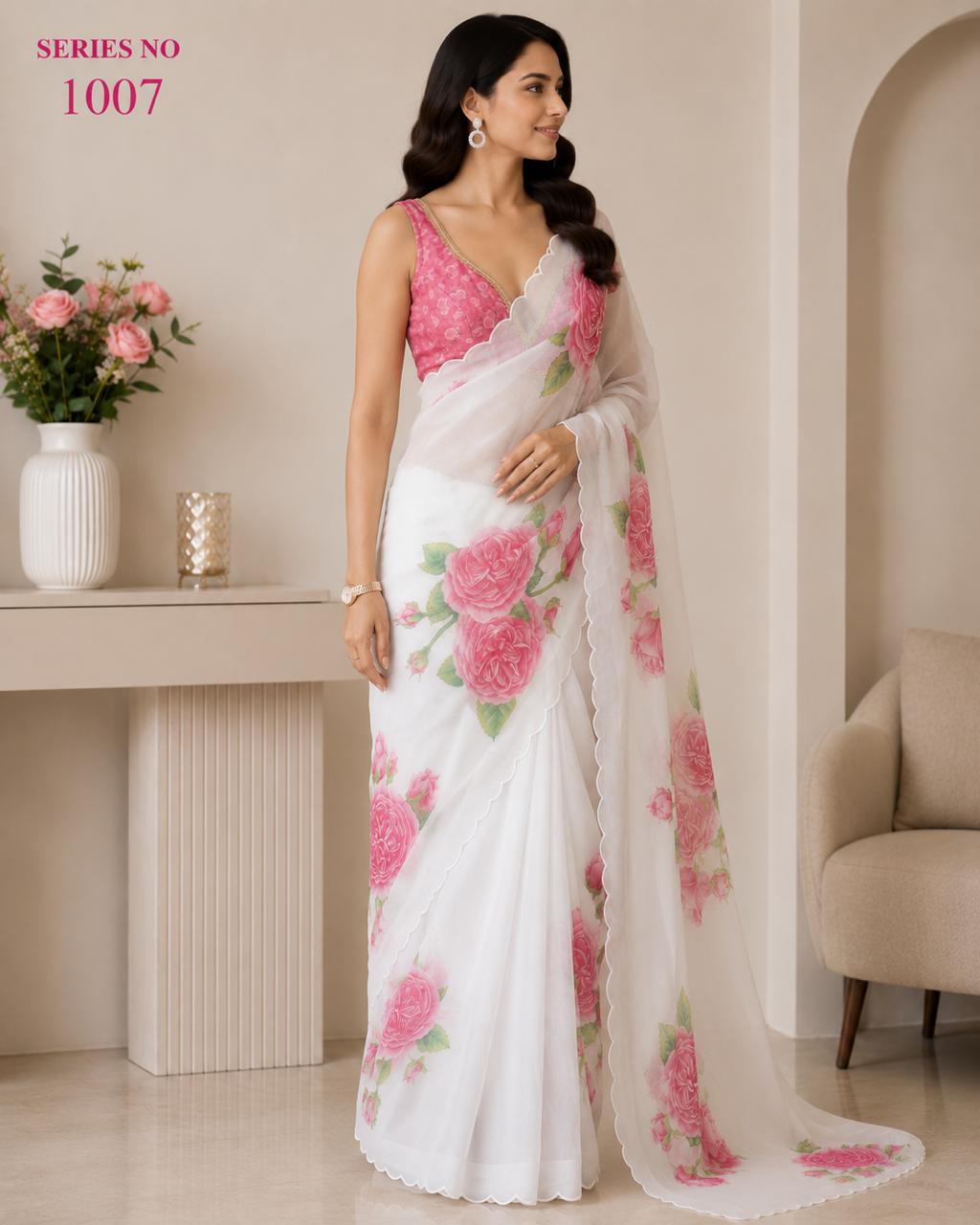 Women's White Organza Floral Print Saree with Pink Rose Motifs & Scalloped Border