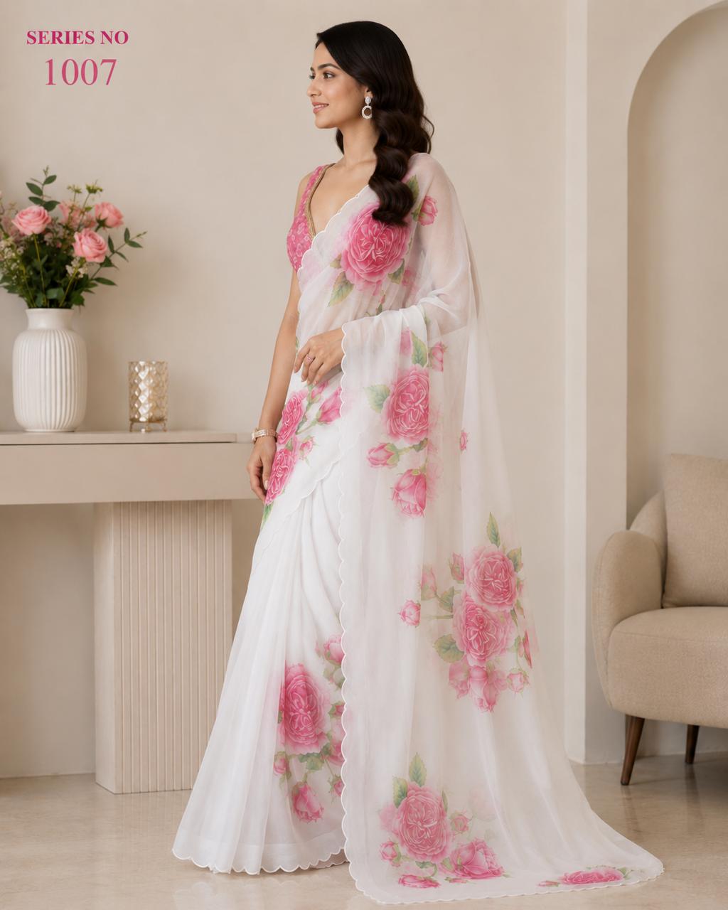 Women's White Organza Floral Print Saree with Pink Rose Motifs & Scalloped Border