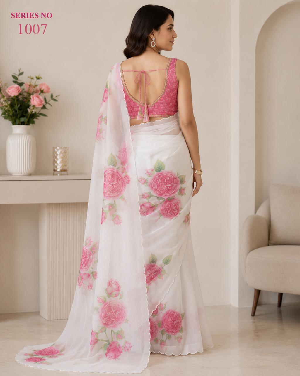 Women's White Organza Floral Print Saree with Pink Rose Motifs & Scalloped Border