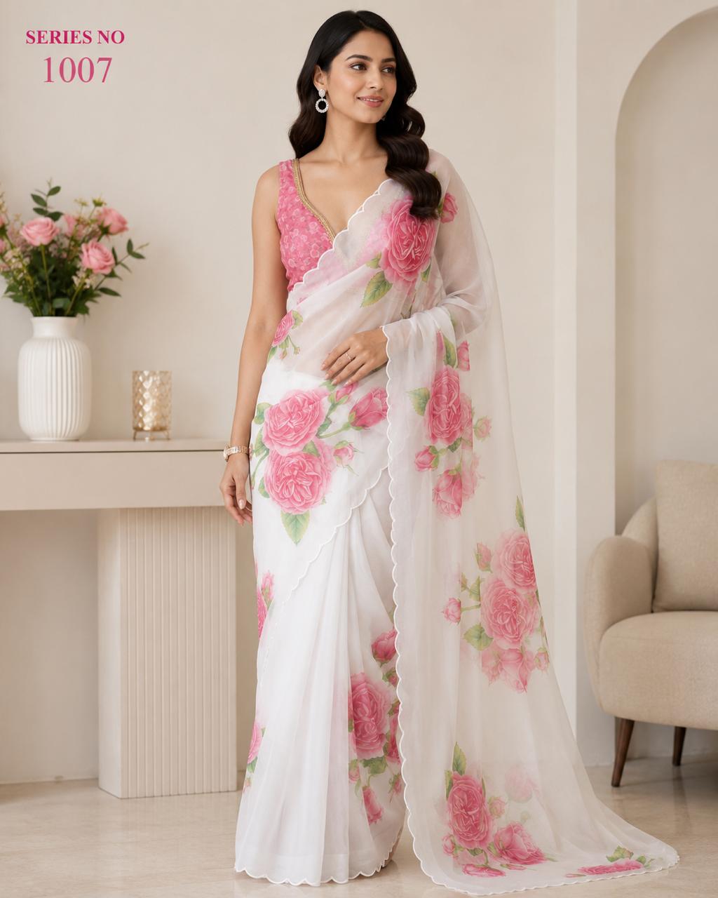 Women's White Organza Floral Print Saree with Pink Rose Motifs & Scalloped Border