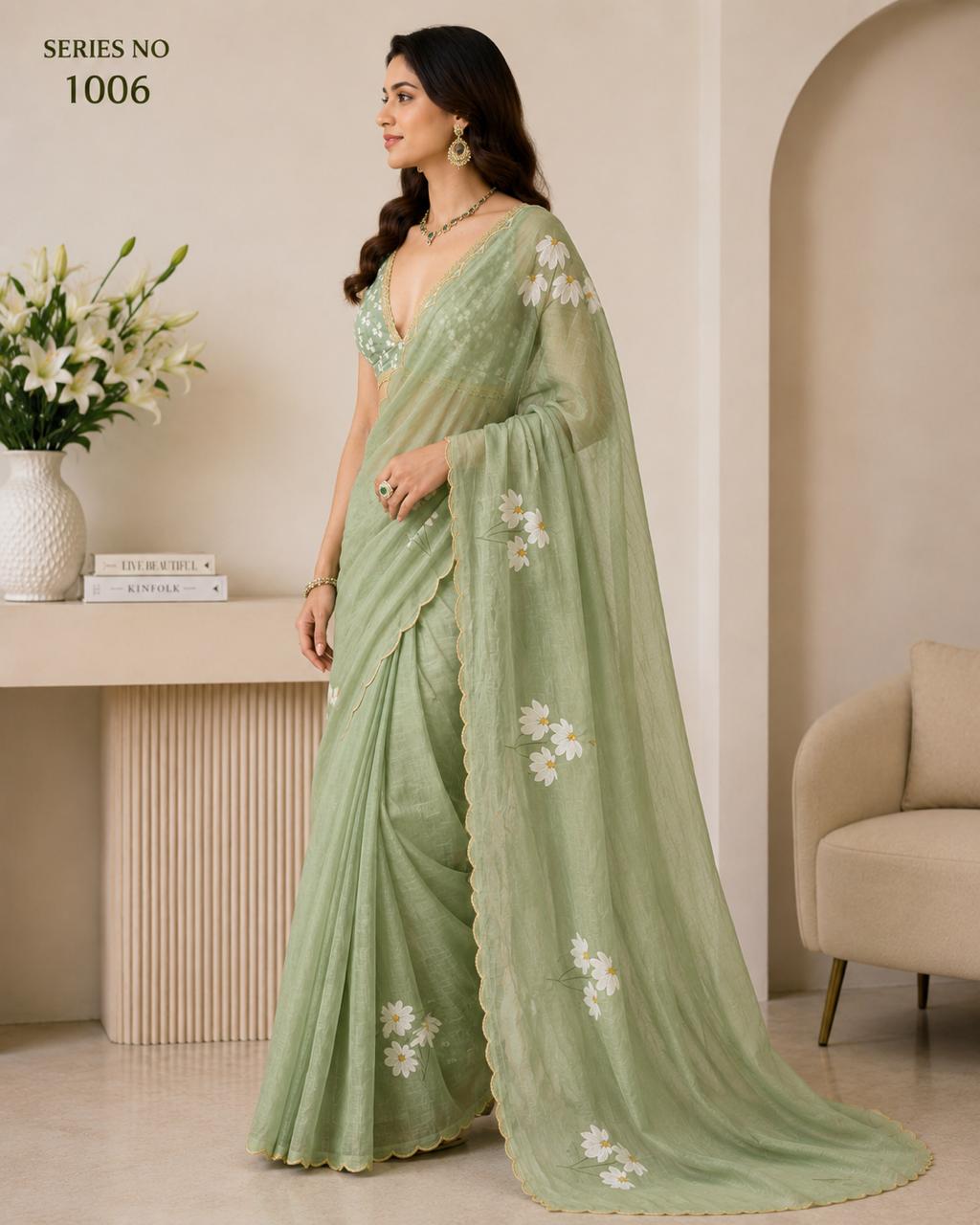 Women's Sage Green Hand-Painted Floral Organza Saree with Scalloped Gold Lace Border