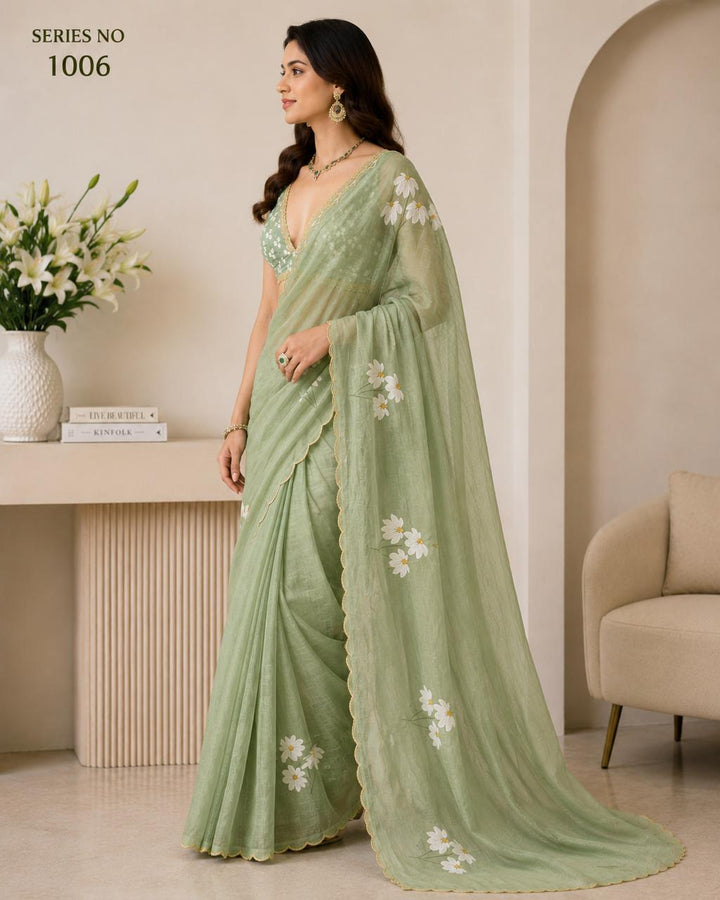 Women's Sage Green Hand-Painted Floral Organza Saree with Scalloped Gold Lace Border