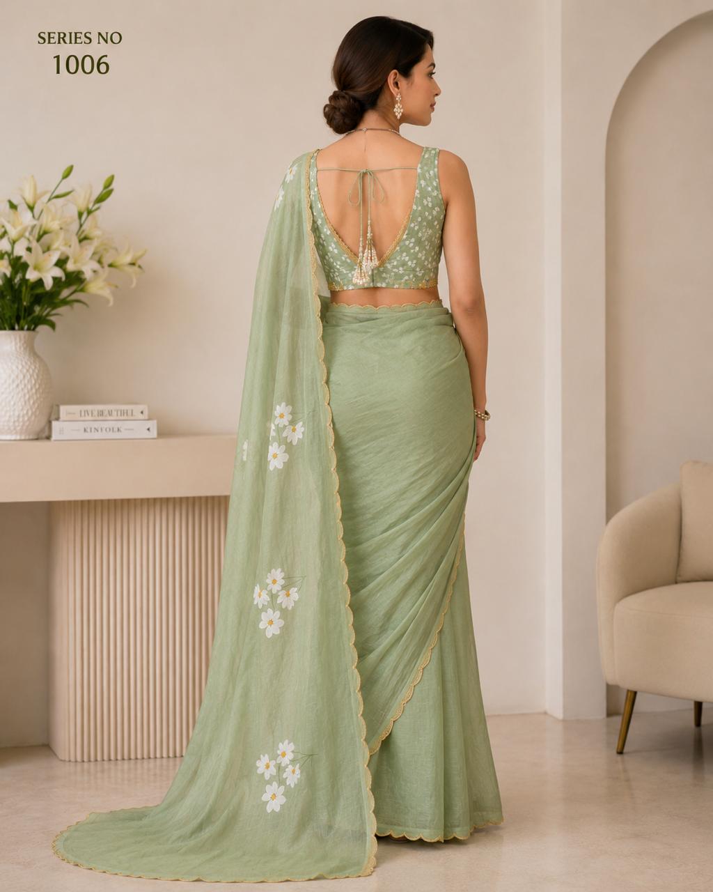 Women's Sage Green Hand-Painted Floral Organza Saree with Scalloped Gold Lace Border
