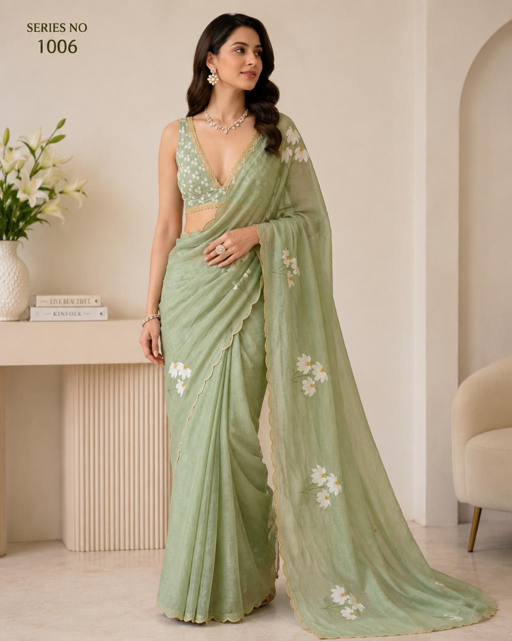 Women's Sage Green Hand-Painted Floral Organza Saree with Scalloped Gold Lace Border