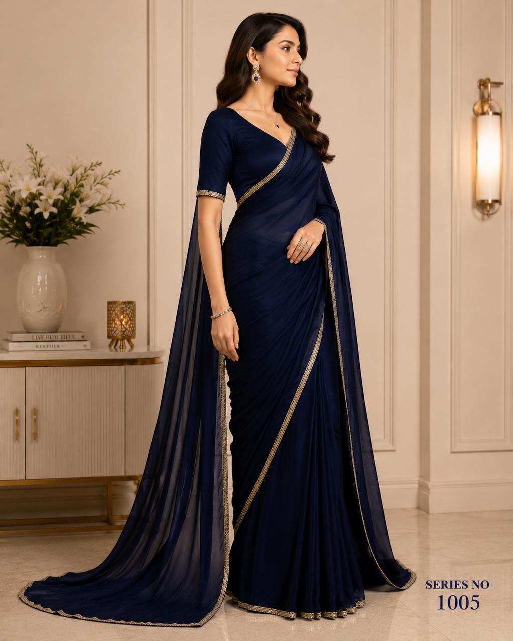 Women's Royal Blue Satin Silk Saree with Silver Stonework Border