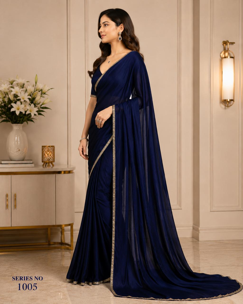Women's Royal Blue Satin Silk Saree with Silver Stonework Border