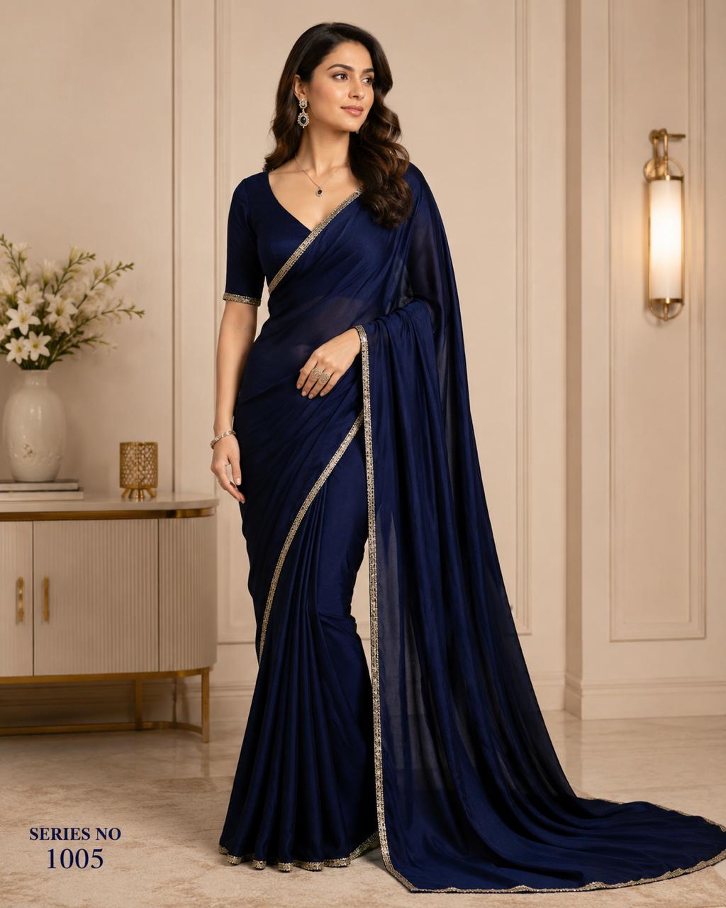 Women's Royal Blue Satin Silk Saree with Silver Stonework Border