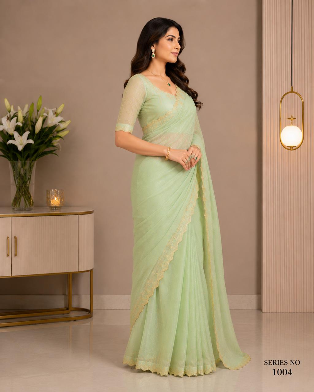 Women's Sage Green Shimmer Chiffon Saree with Scalloped Lace Border
