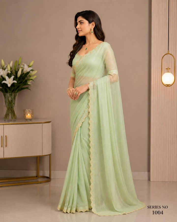 Women's Sage Green Shimmer Chiffon Saree with Scalloped Lace Border